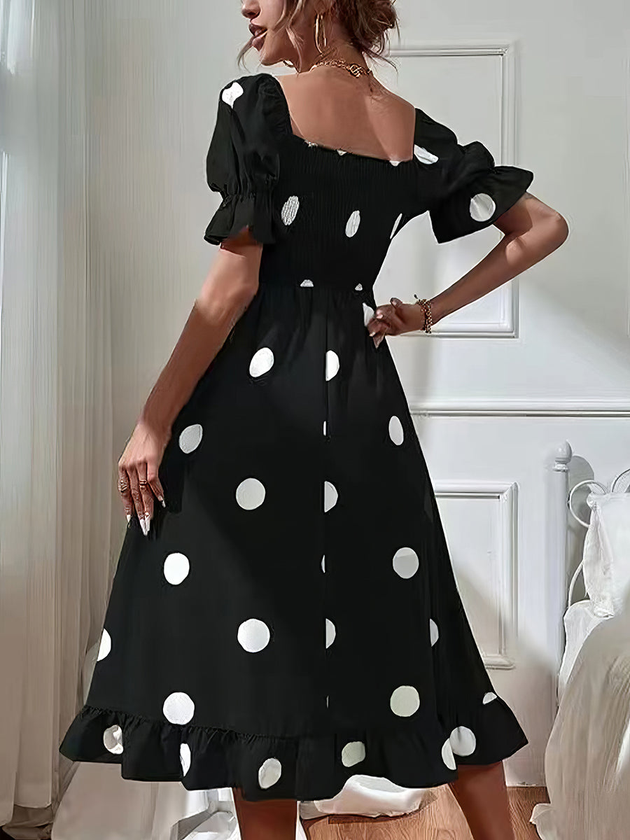 Polka Dot Print Puff Sleeve Frill Midi Dress