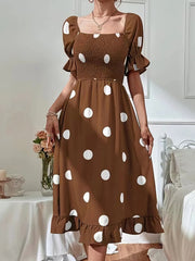 Polka Dot Print Puff Sleeve Frill Midi Dress