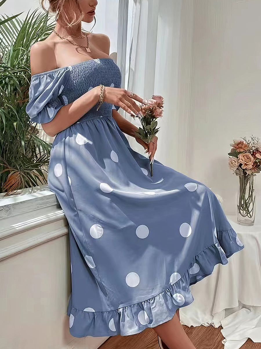 Polka Dot Print Puff Sleeve Frill Midi Dress