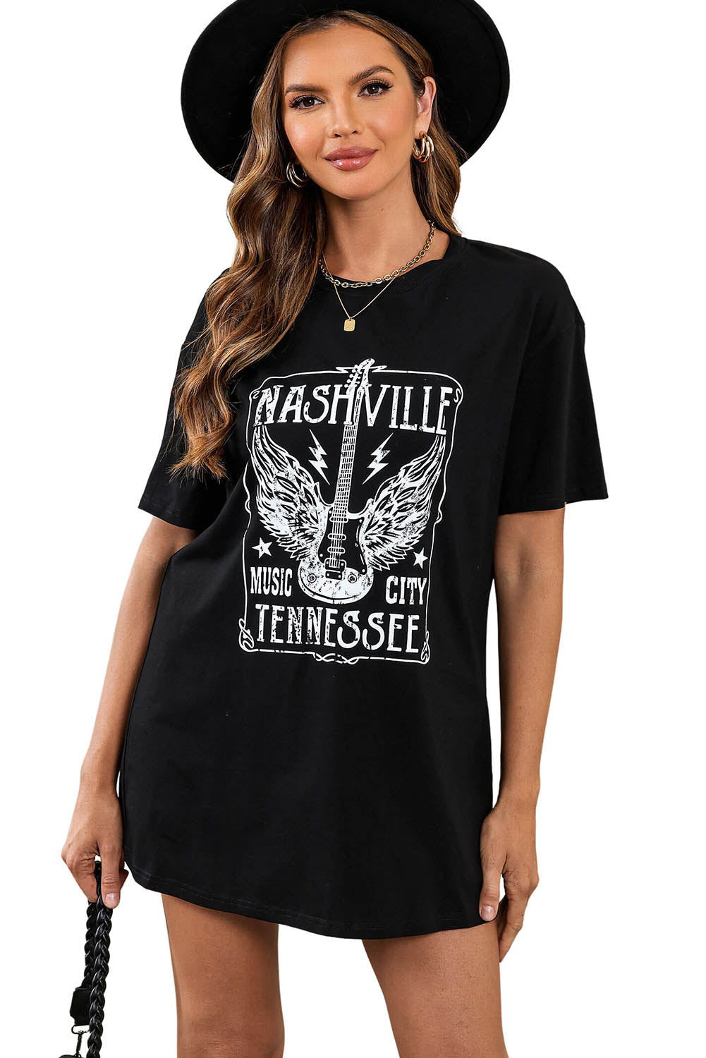 Camiseta extragrande con estampado gráfico de letras y eslogan de guitarra rosa