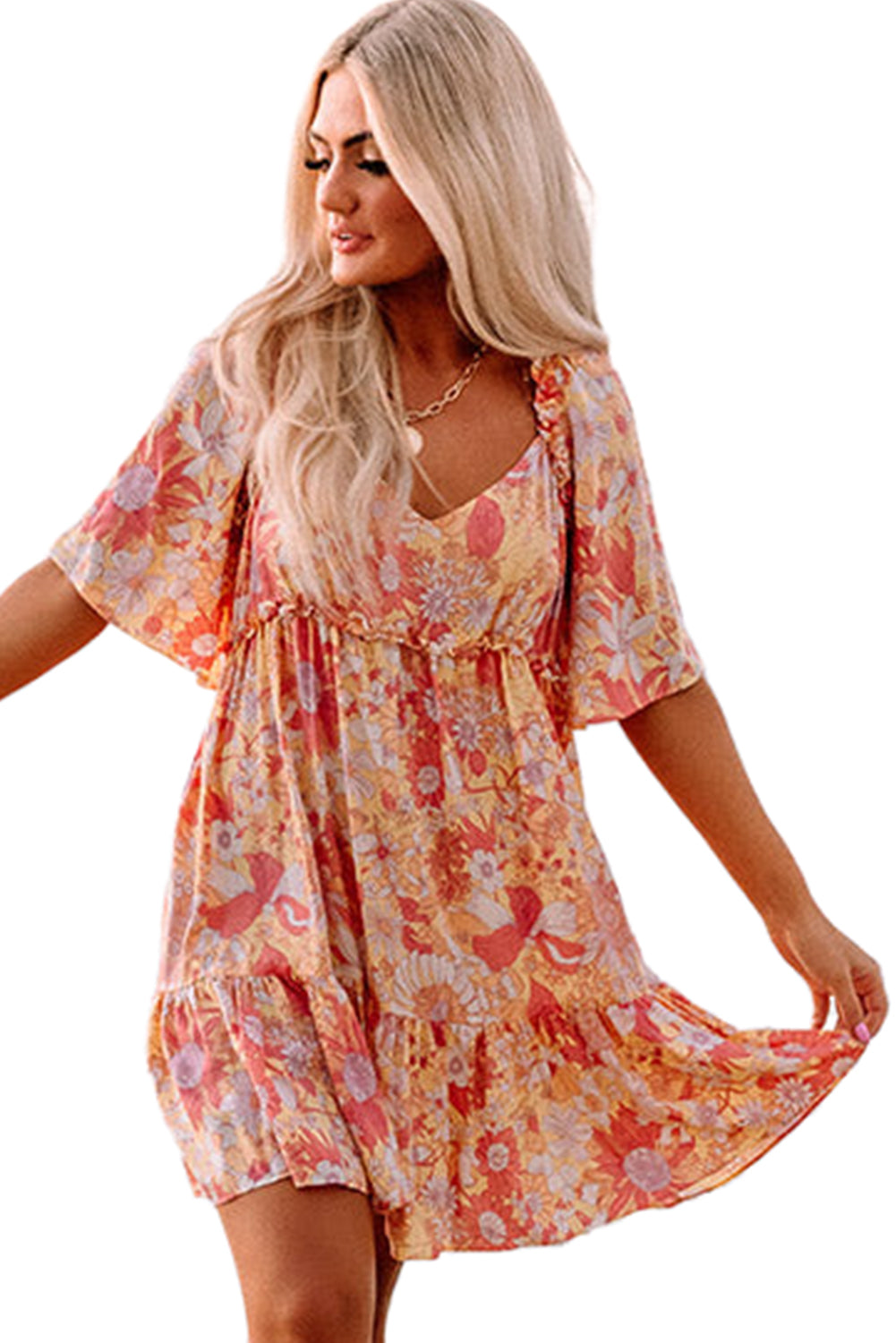 Orange Wide Flutter Sleeve Floral Dress