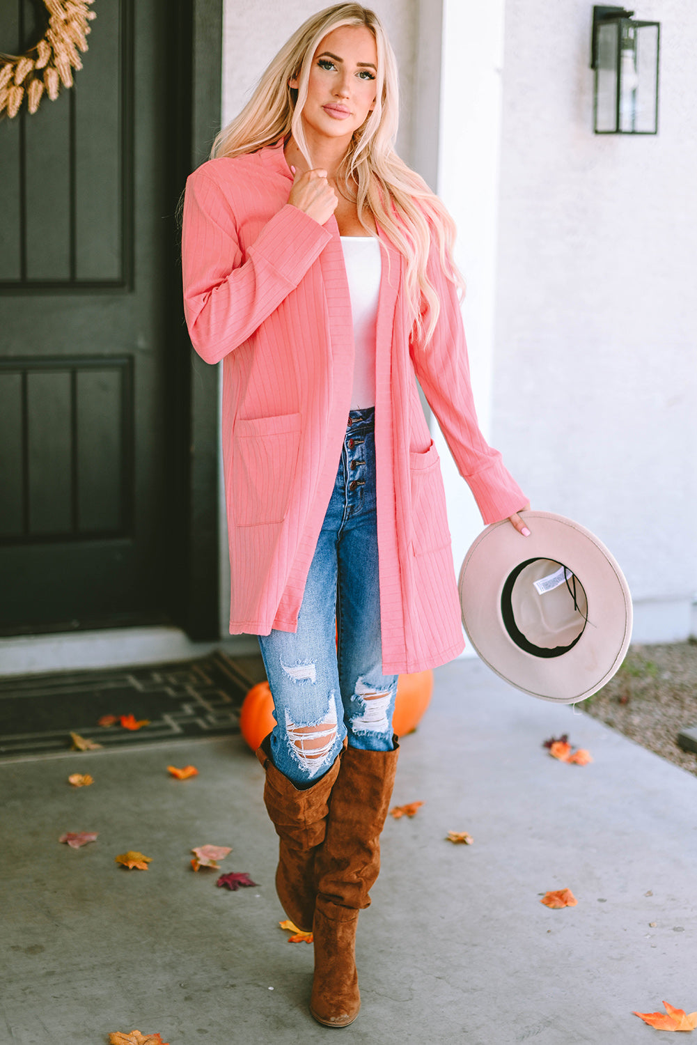 Rosa Strickjacke mit offener Vorderseite und Taschen