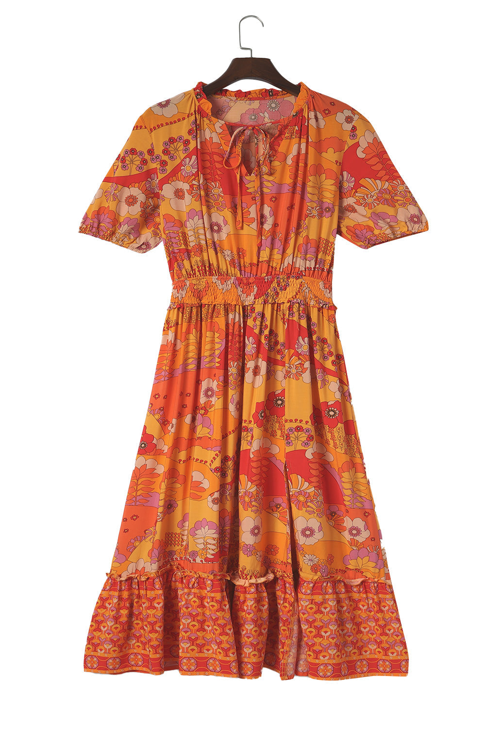 Orange Boho Floral Smocked Waist Maxi Dress with Slit