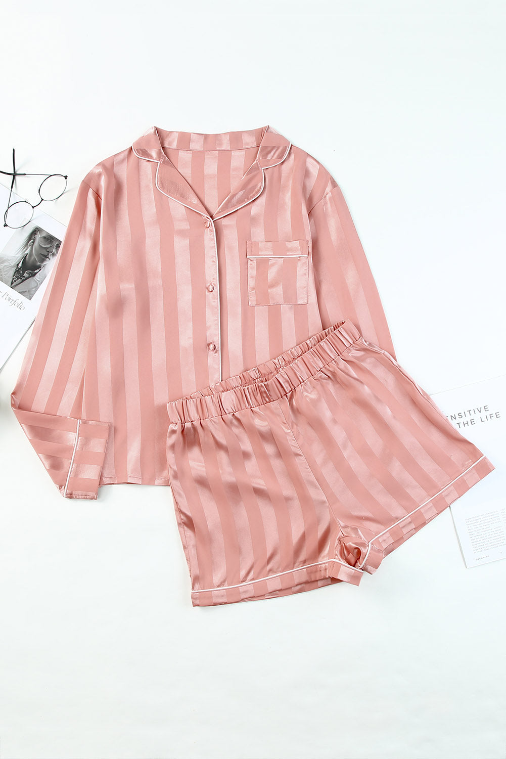 Pink Striped Print Buttoned Shirt and Drawstring Shorts Lounge Set