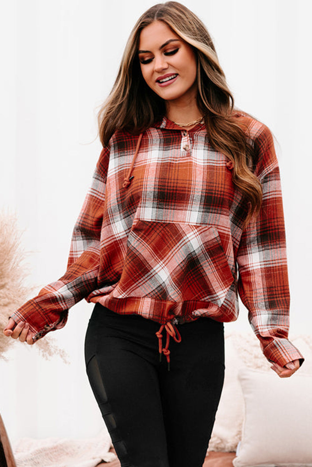 Orange Plaid Print Pocketed Hoodie