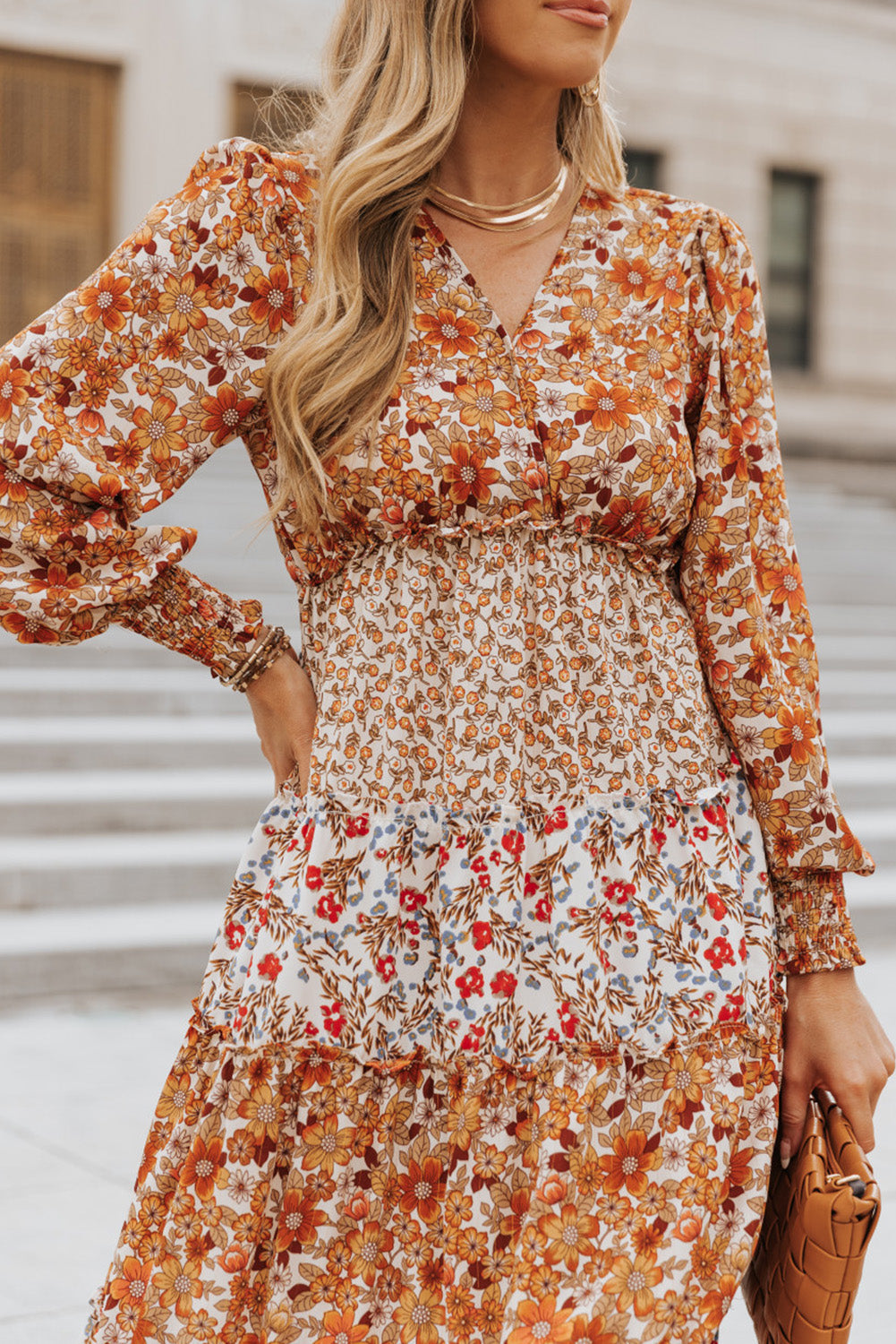 Orange Mix Floral Patchwork Frill Tiered Dress