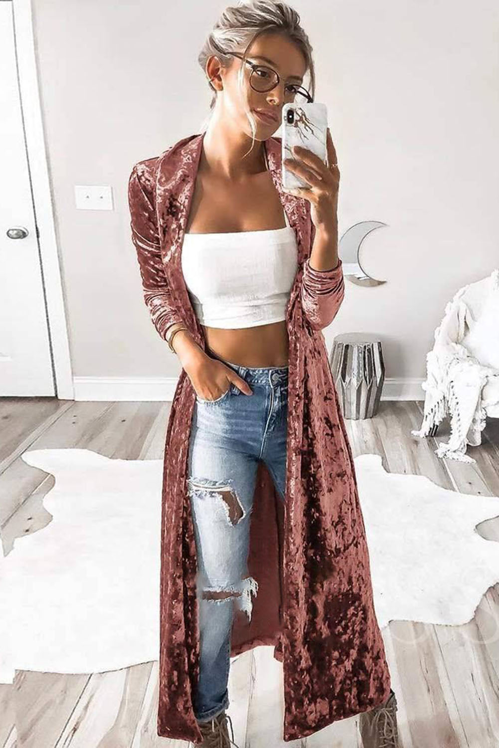 Rosafarbener Duster-Cardigan aus Samt mit offenem Revers