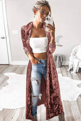 Rosafarbener Duster-Cardigan aus Samt mit offenem Revers