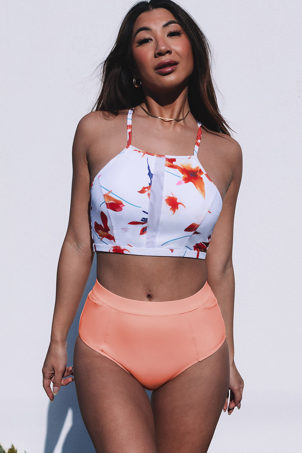 Pink Floral Printed Tank High Waist Bikini Set