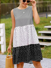 Polka Dot Stitching Big Swing Sleeveless Mini Dress