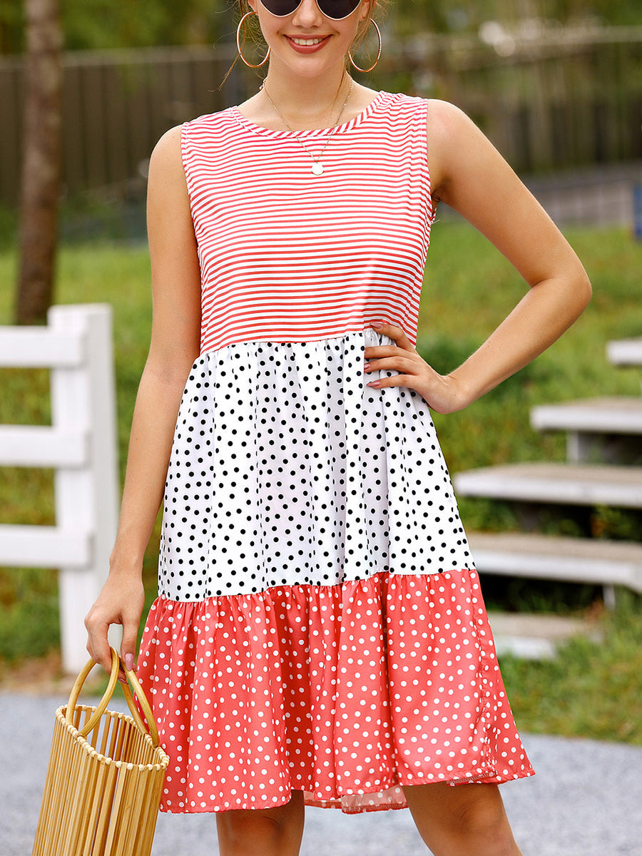 Polka Dot Stitching Big Swing Sleeveless Mini Dress