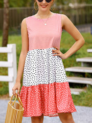 Polka Dot Stitching Big Swing Sleeveless Mini Dress