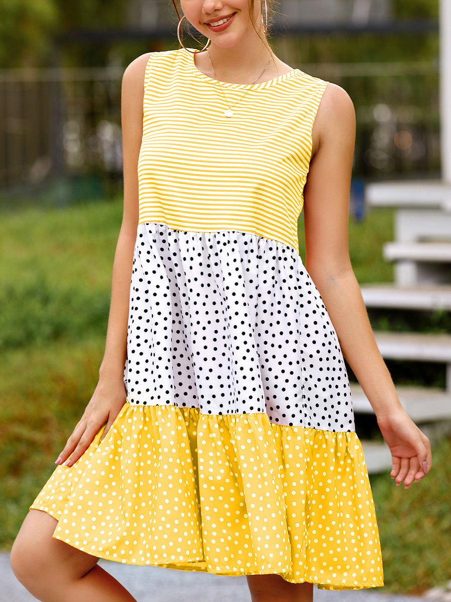 Polka Dot Stitching Big Swing Sleeveless Mini Dress