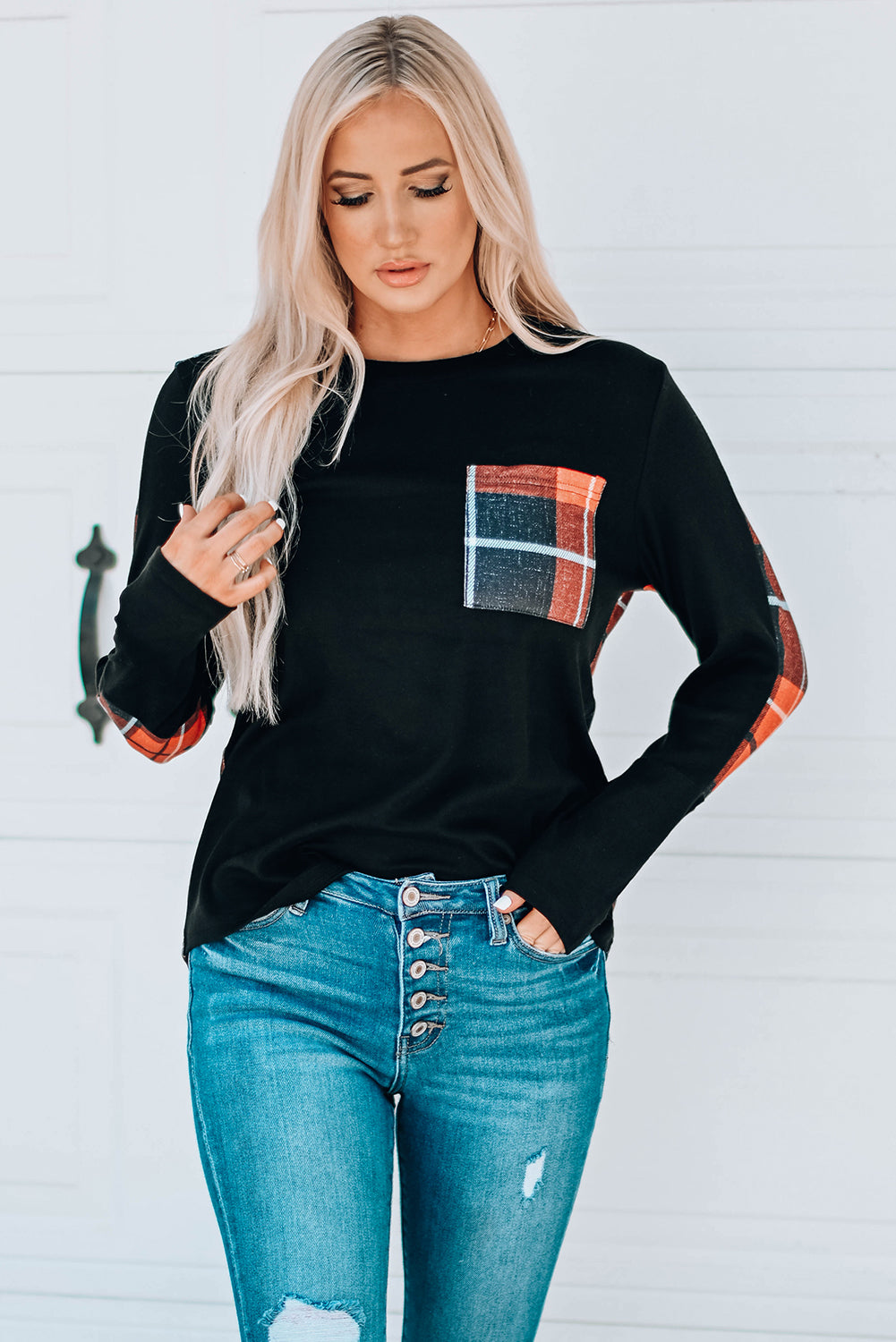 Plaid Patchwork Pocket Long Sleeve Top