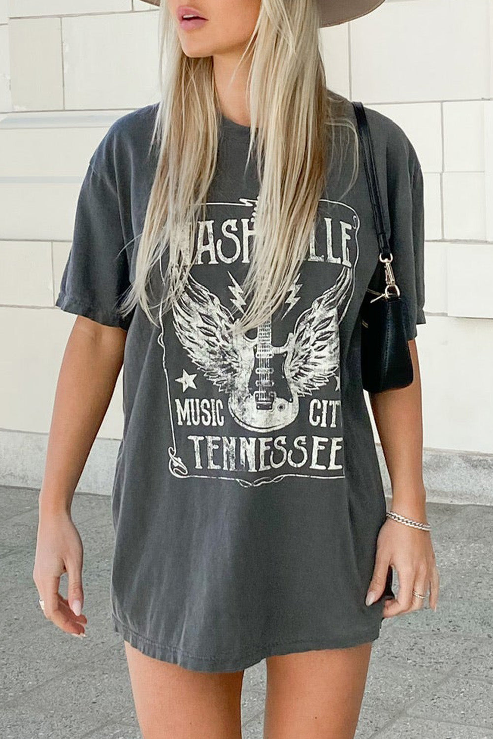 Camiseta extragrande con estampado gráfico de letras y eslogan de guitarra rosa