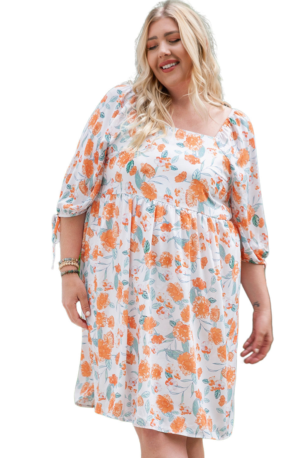 Orange Plus Size Square Neck Tie Sleeve Floral Dress