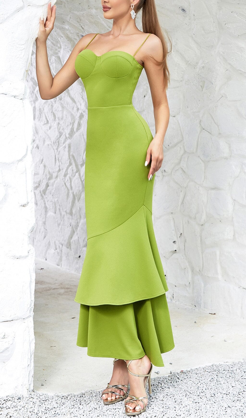 STRAPPY FISHTAIL MAXI DRESS IN GREEN