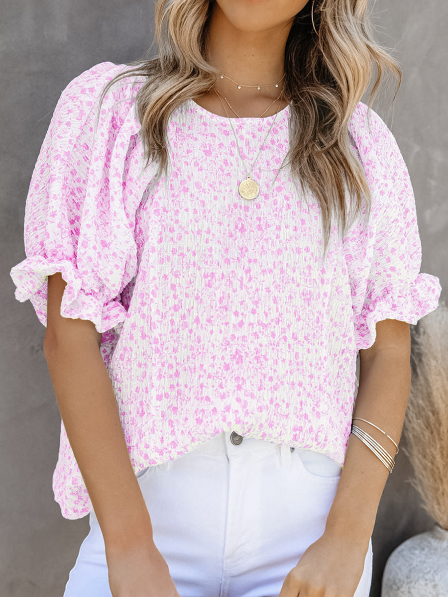 Printed Round Neck Puff Sleeve T-Shirt