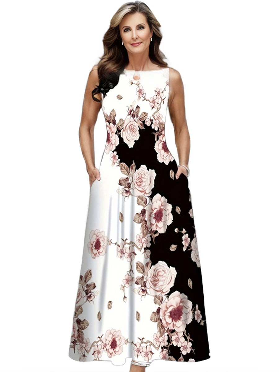 Plus Size Casual Tank Dress, Women's Plus Colorblock Floral Print Cut Out Round Neck Medium Stretch Maxi Tank Dress