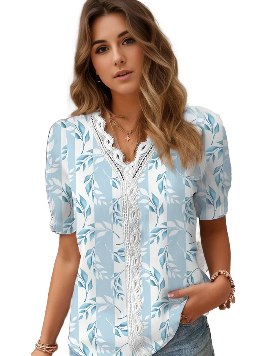 Plus Size Casual Blouse, Women's Plus Floral Print Contrast Lace Panel Puff Sleeve V Neck Slight Stretch Top