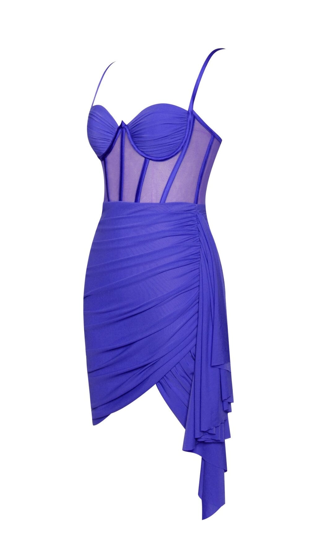 YOLIE ROYAL BLUE RUCHED DRAPING MESH CORSET DRESS