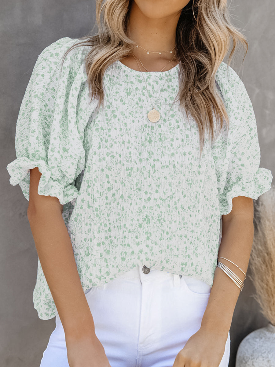 Printed Round Neck Puff Sleeve T-Shirt