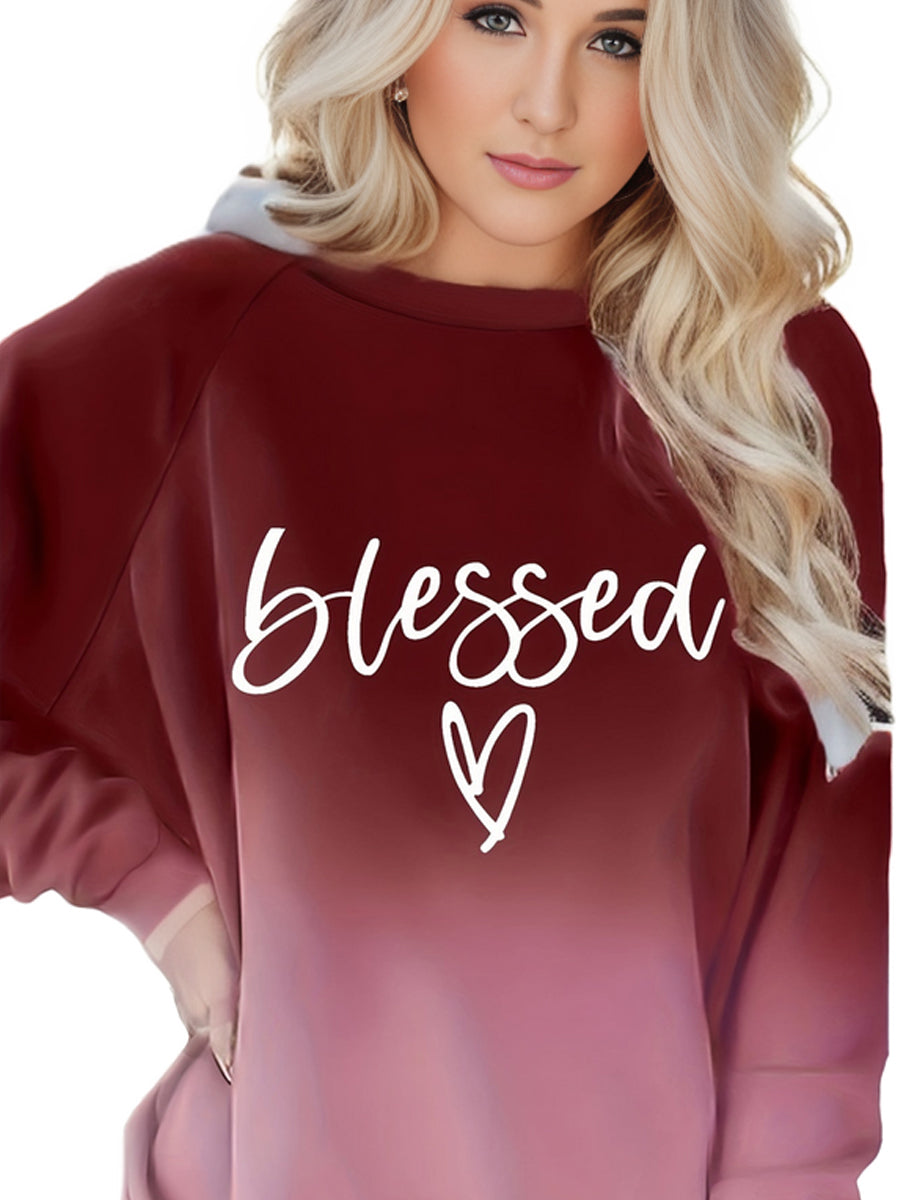 Plus Size Casual Sweatshirt, Women's Plus Ombre & Letter & Heart Print Raglan Sleeve Round Neck Slight Stretch Pullover Sweatshirt