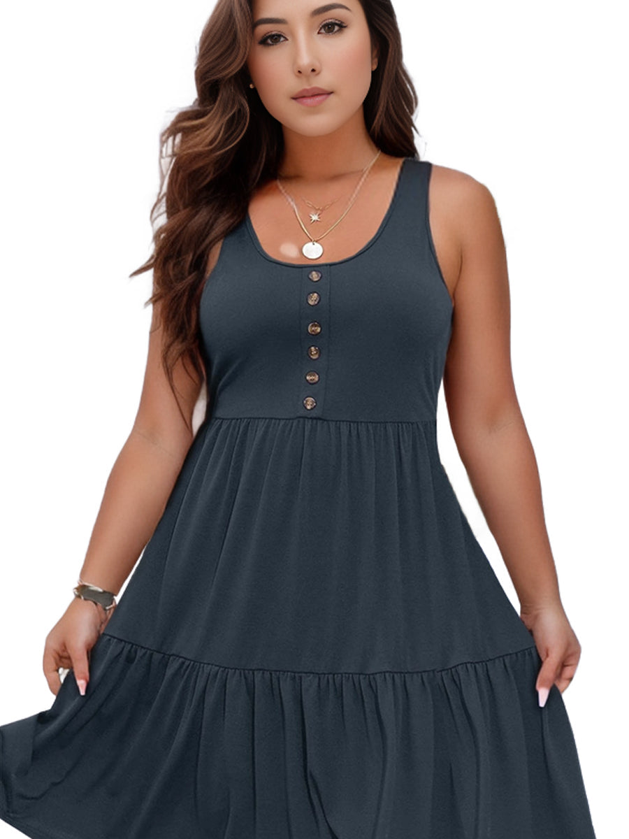 Plus Size Casual Loungewear, Women's Plus Ruffled Hem Button Detail Medium Stretch Comfort Tank Dress