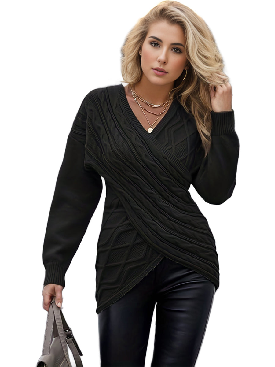 Plus Size Elegant Sweater, Women's Plus Solid Cable Drop Shoulder Long Sleeve Wrap Cross V Neck Jumper