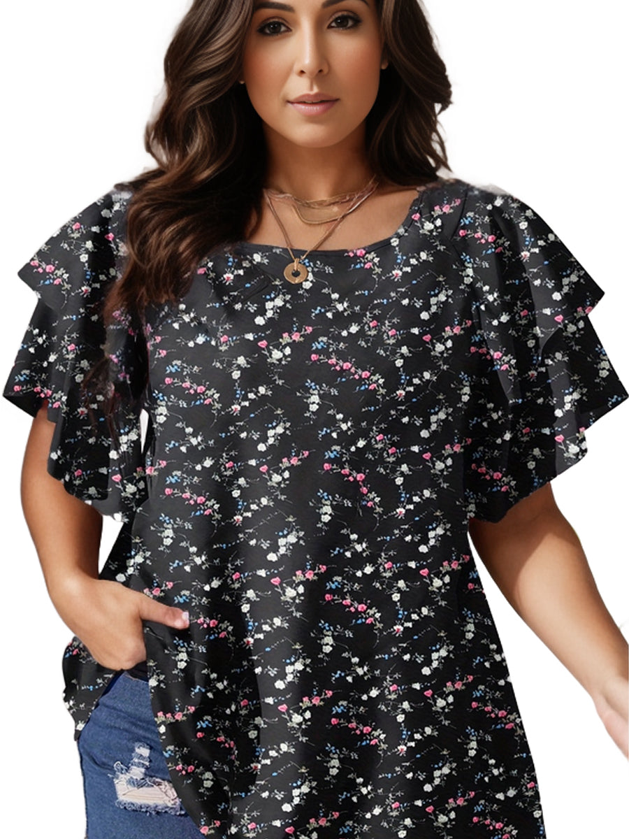 Plus Size Casual Blouse, Women's Plus Polka Dot Print Layered Sleeve Round Neck Oversized Blouse