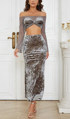 PERSPECTIVE VELVET BREAST TOP SUIT IN SILVER GRAY