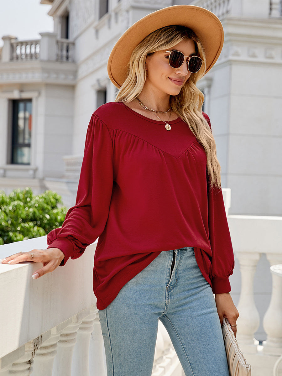 Lantern Sleeve Round Neck Long Sleeve Casual T-Shirt