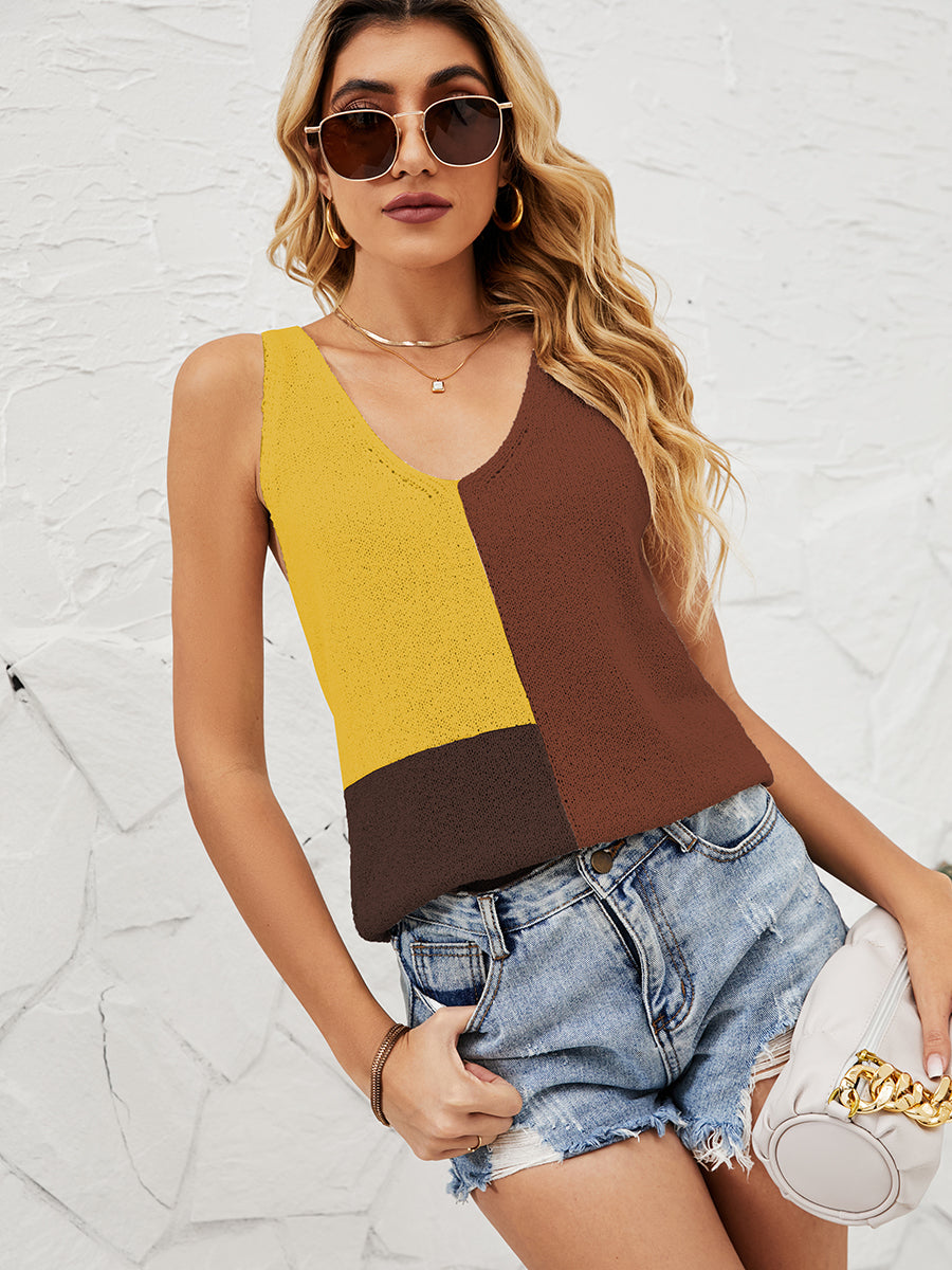 Tops Stitching Color V-Neck Casual Loose Tank Top