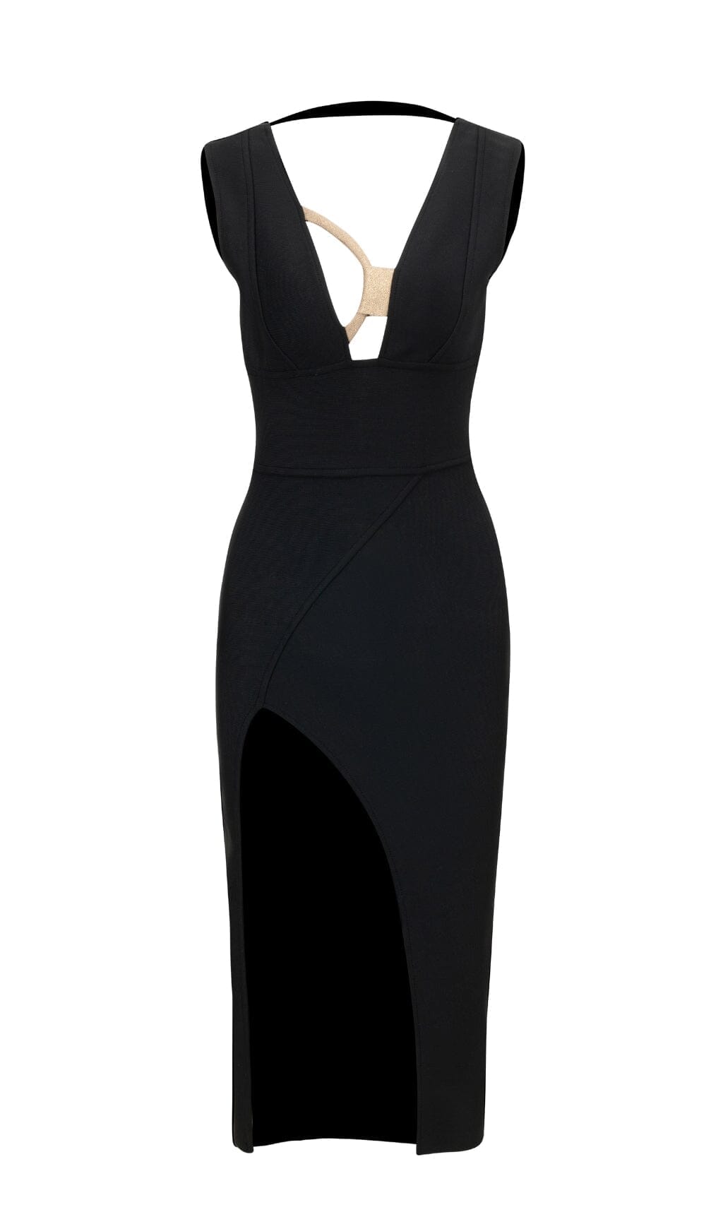 VESTIDO MIDI NEGRO CON ESCOTE EN V PROFUNDO 