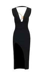 VESTIDO MIDI NEGRO CON ESCOTE EN V PROFUNDO 