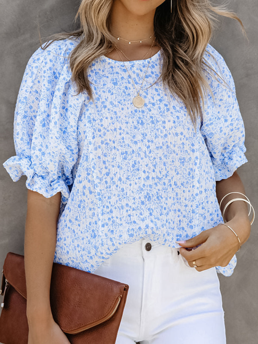 Printed Round Neck Puff Sleeve T-Shirt