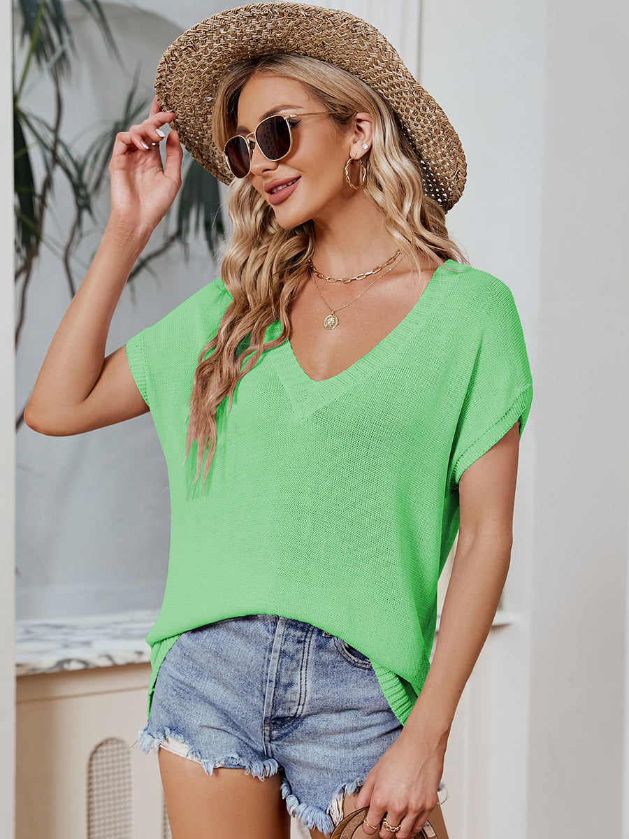 Women Dolman Short Sleeve Batwing Tunic Half Sleeve Oversized Casual Loose V Neck Knitted Sweater T Shirts