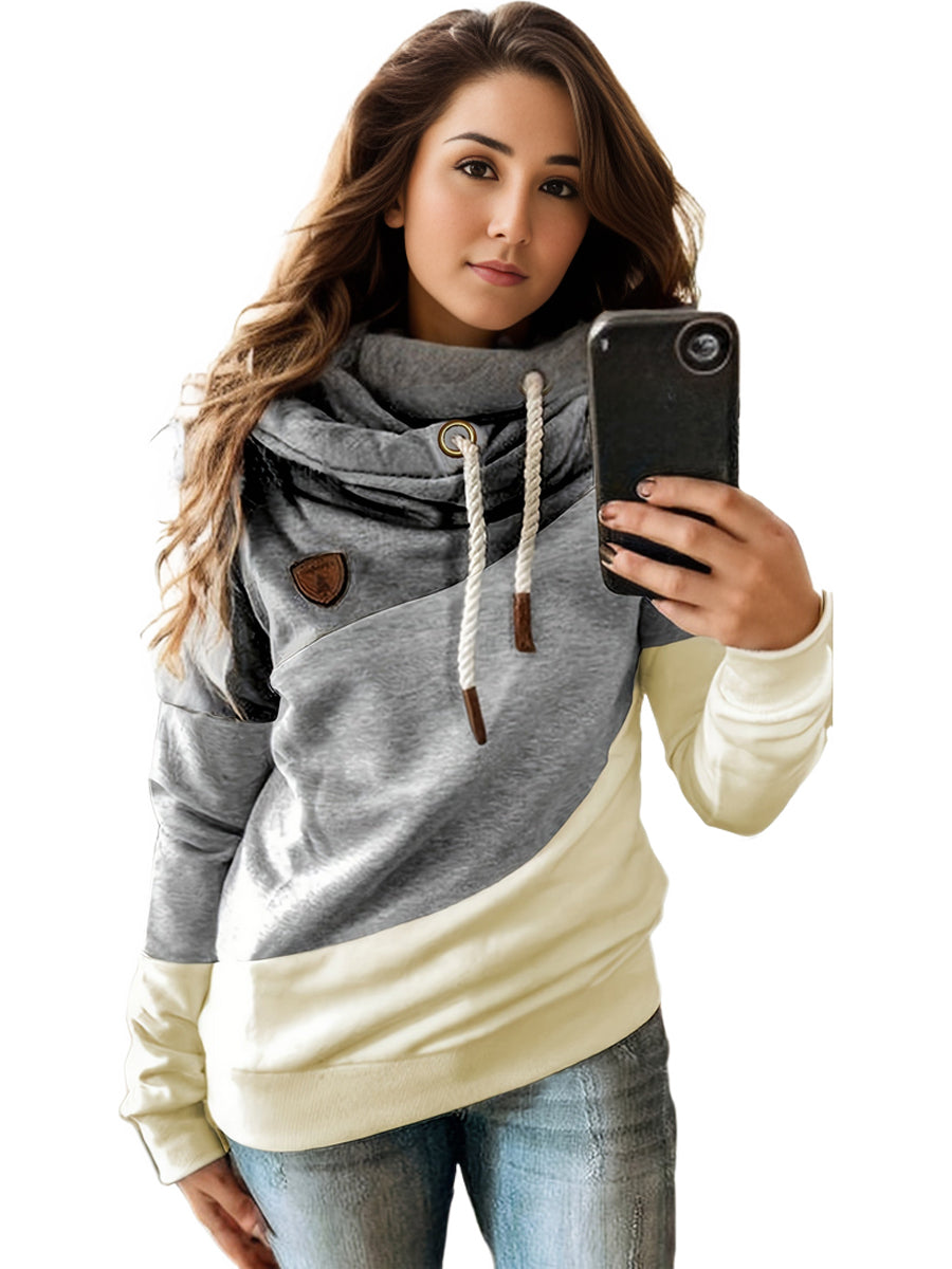 Plus Size Casual Sweatshirt, Women's Plus Colorblock Long Sleeve Hooded Drawstring Slight Stretch Sweatshirt