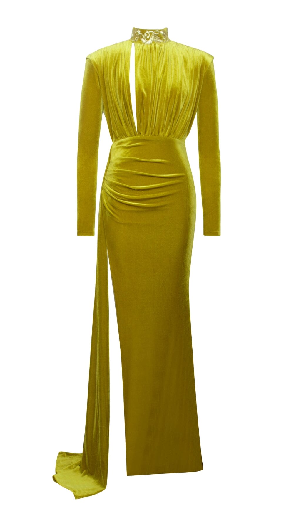 Vestido de terciopelo con abertura alta y corte dorado de Zenaida