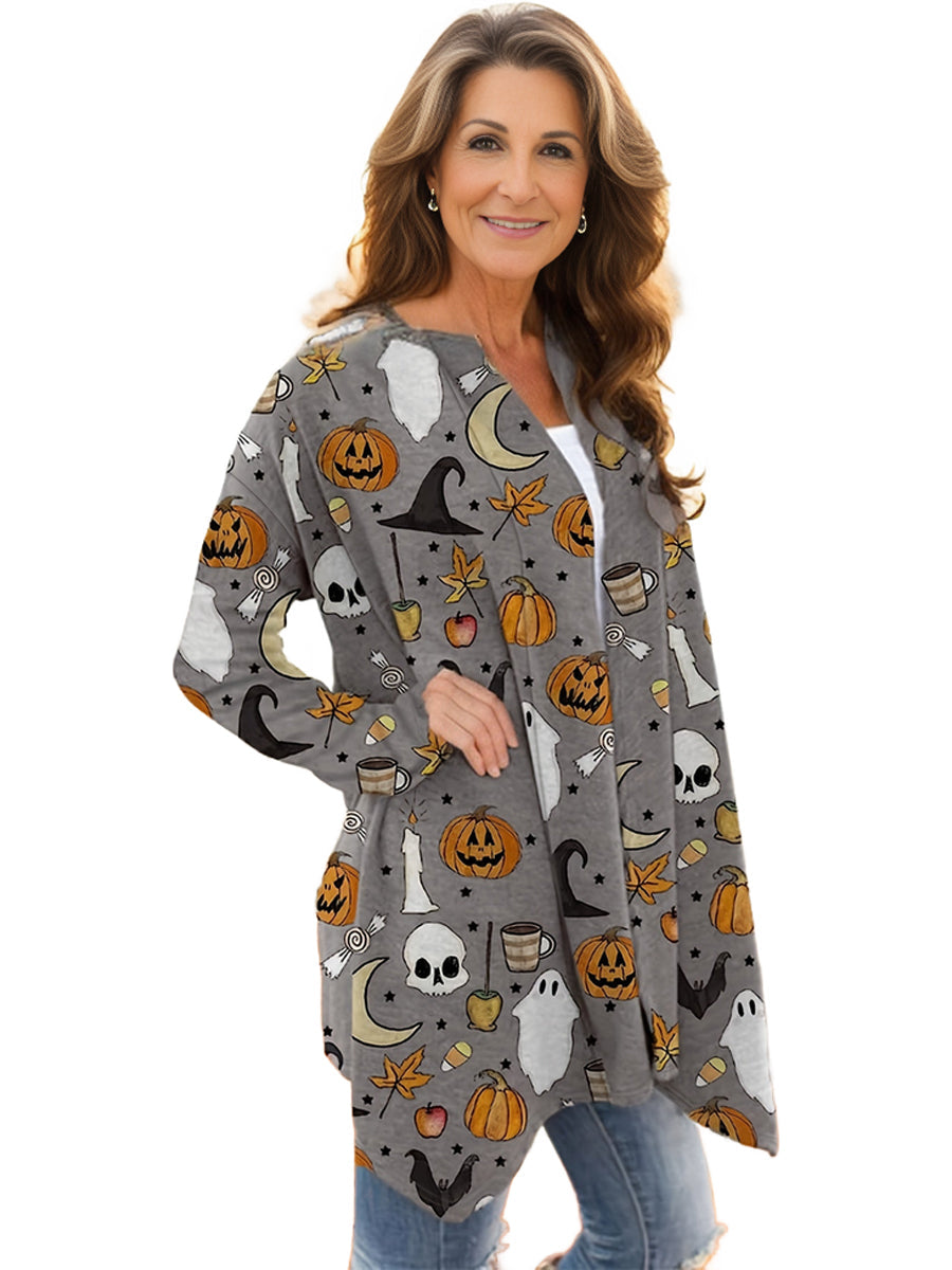 Plus Size Halloween Cardigan, Women's Plus Cartoon Pumpkin & Skull Print Long Sleeve Open Front Sweater Cardigan