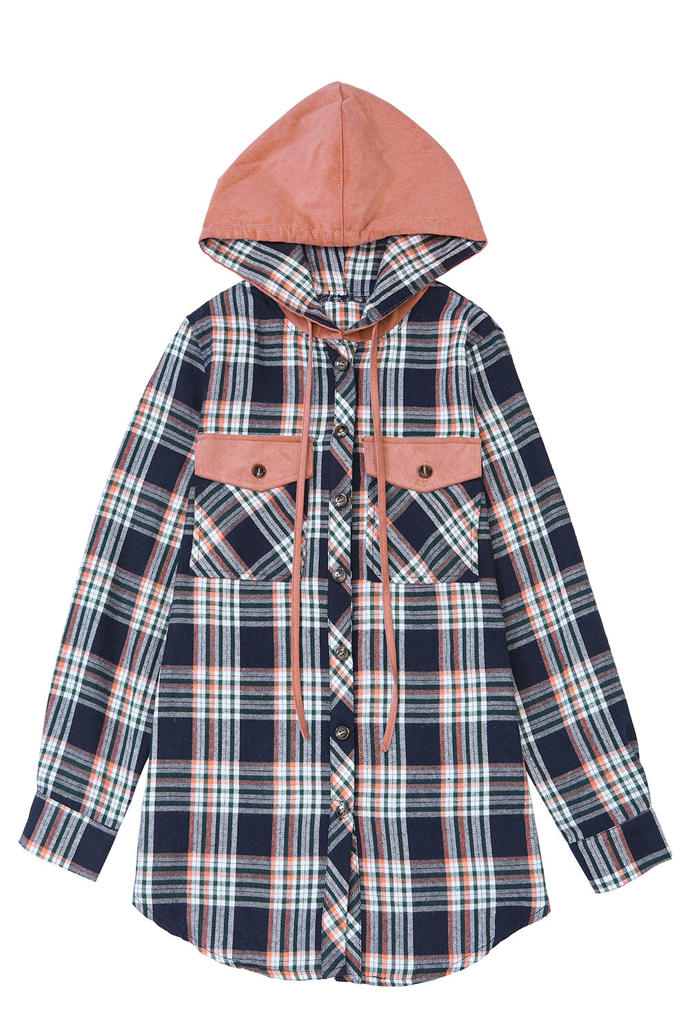 Chaqueta a cuadros con capucha y cordón ajustable en contraste rosa