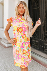 Orange Shirred Neck Summer Floral Dress