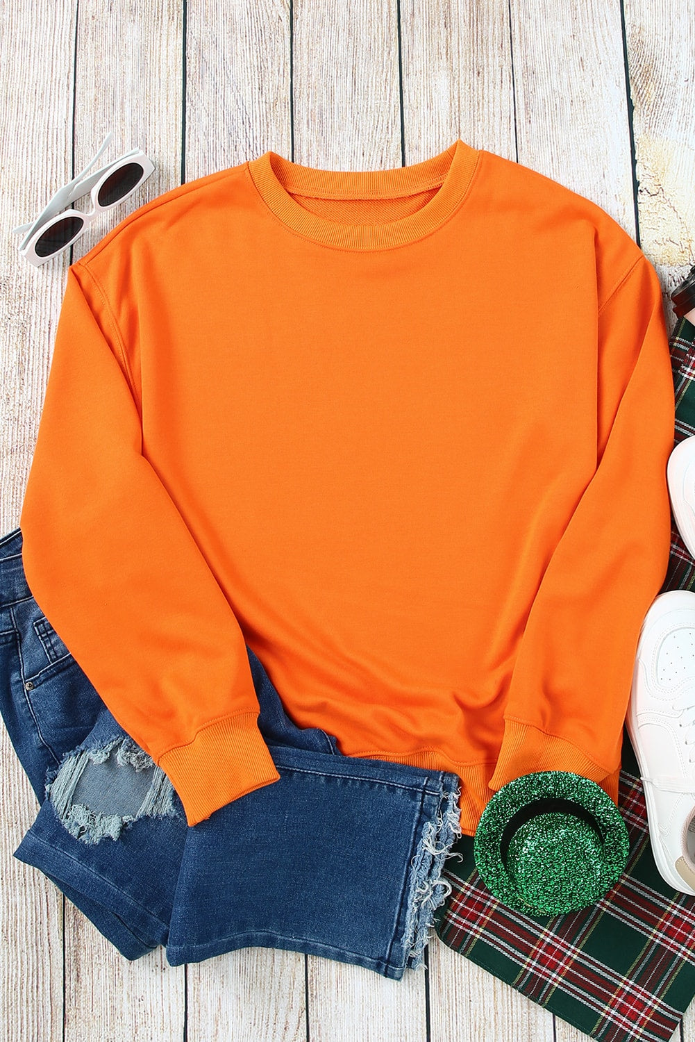 Orange Plain Crew Neck Pullover Sweatshirt