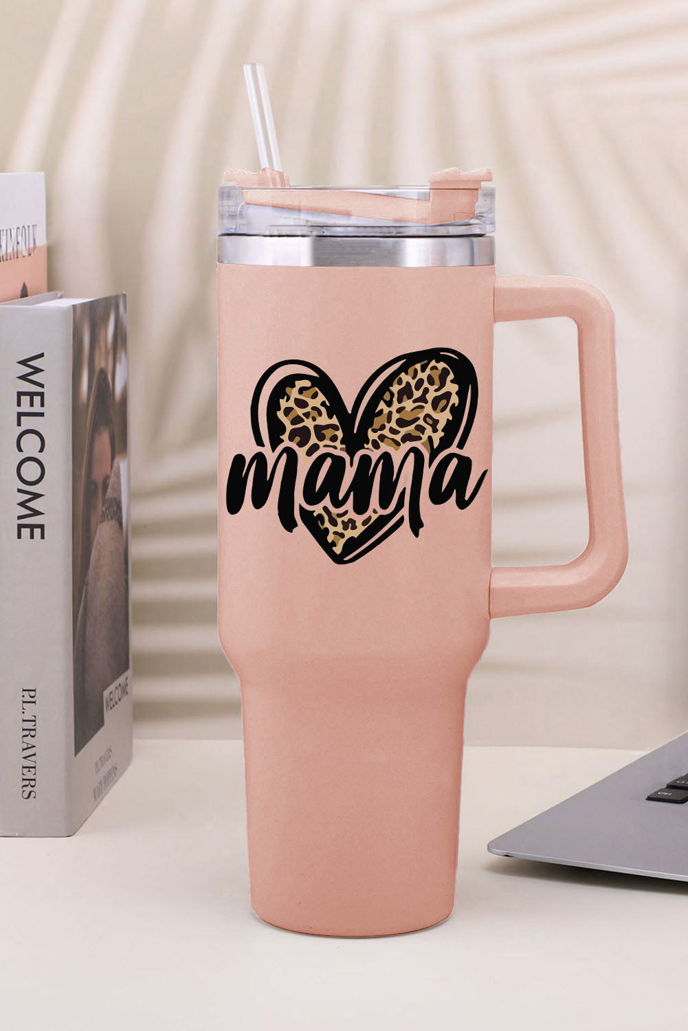Taza aislante de acero inoxidable con forma de corazón de leopardo de Pink Mama de 40 oz