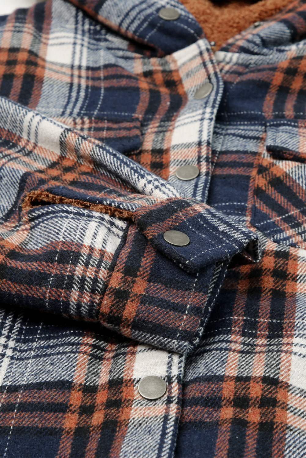 Orange Plaid Pattern Sherpa Lined Hooded Shacket