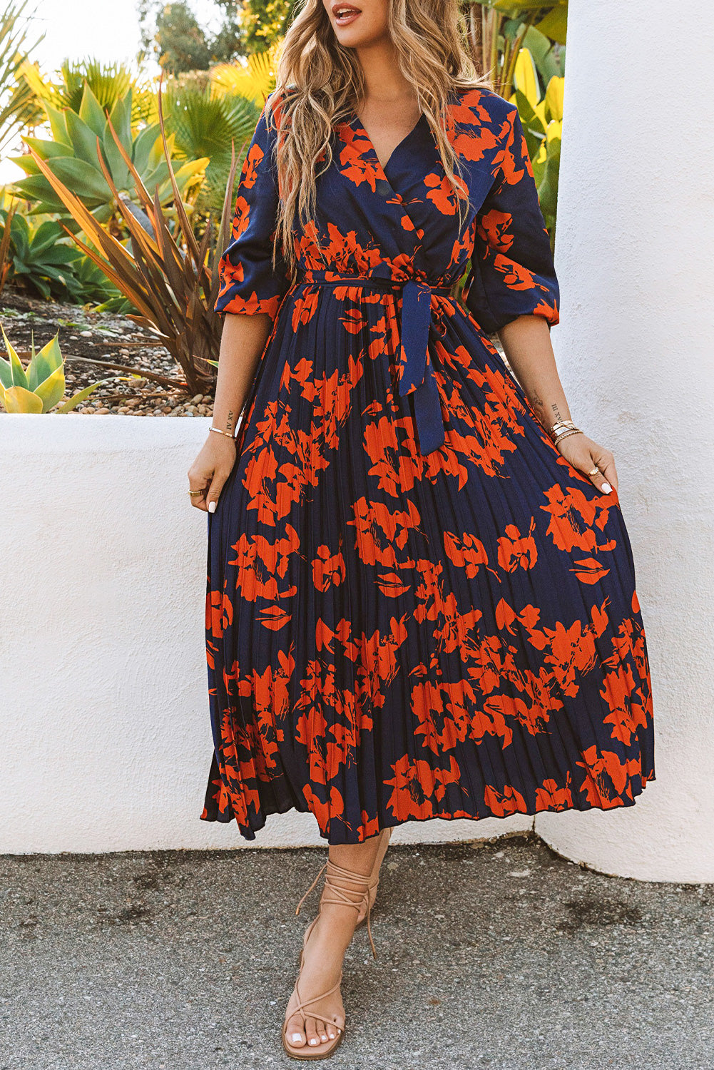 Orange V Neck Wrap Pleated Maxi Floral Dress with Tie