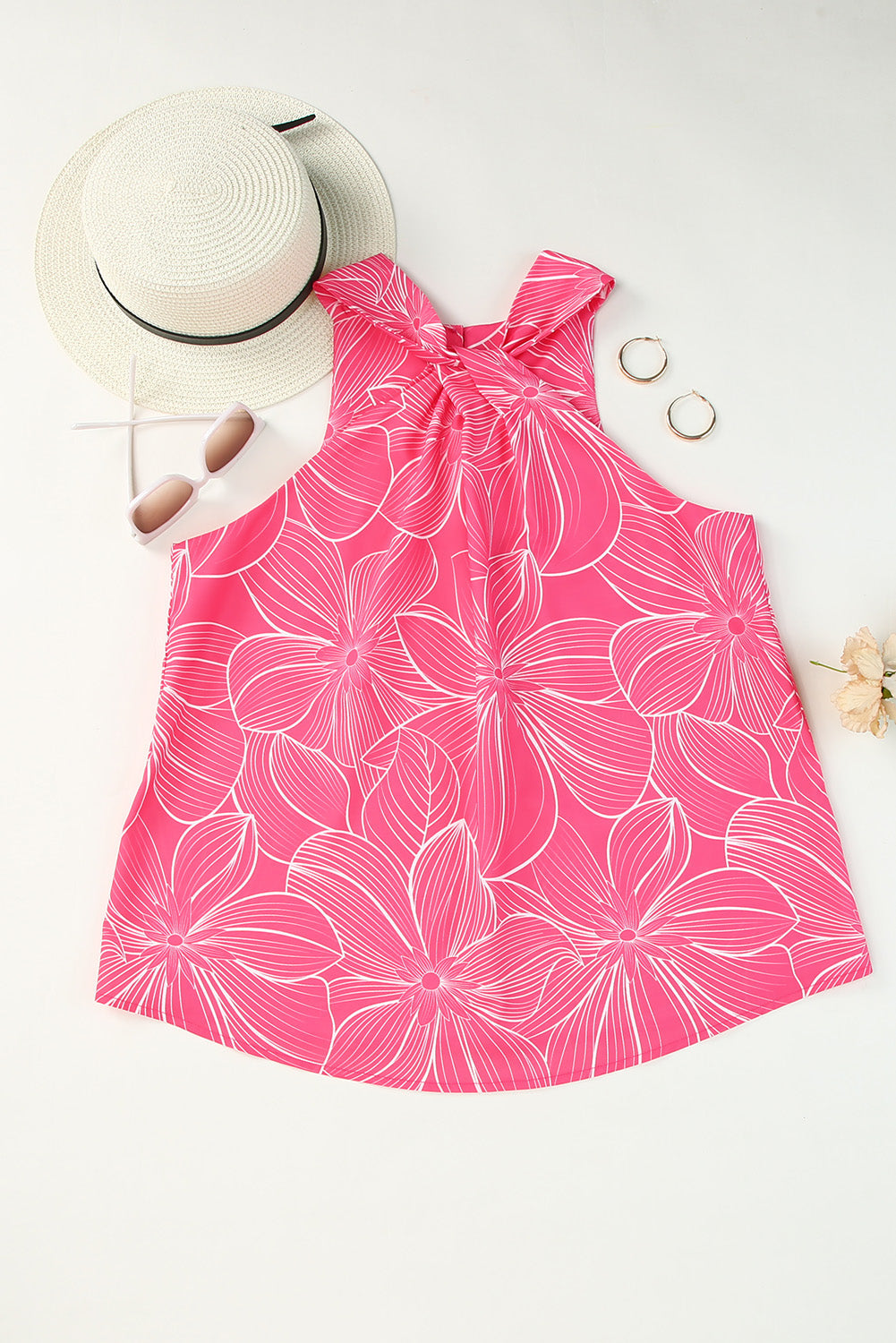 Pink Blooming Floral Printed Twisted Neck Tank Top