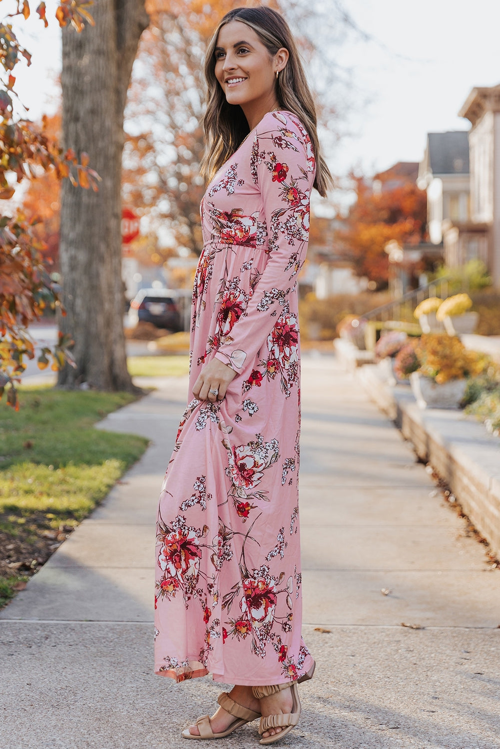 Pink  Wrapped V Neck Floral Long Sleeve Empire Maxi Dress