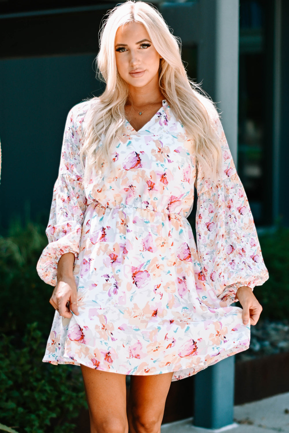 Pink V Neck Bubble Sleeves Floral Dress