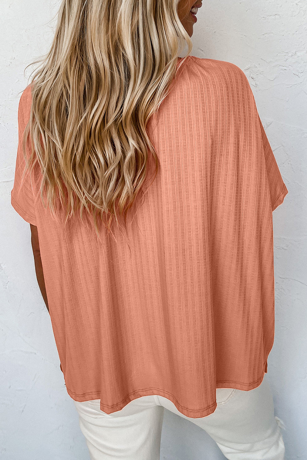 Orange Notched V Neck Buttoned Front Textured Loose Top